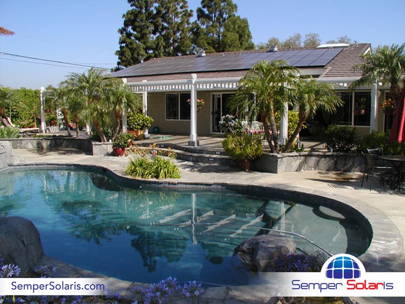 Solar Panels Installed Among Swimming Pool and Palm Trees