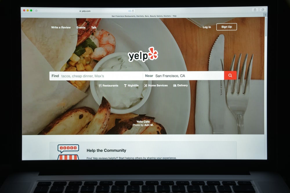 Computer screen showing Yelp review website