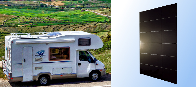 Motor home overlooking golf course and solar panel.