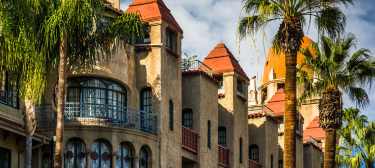 Exterior of the Mission Inn, in Riverside, California.