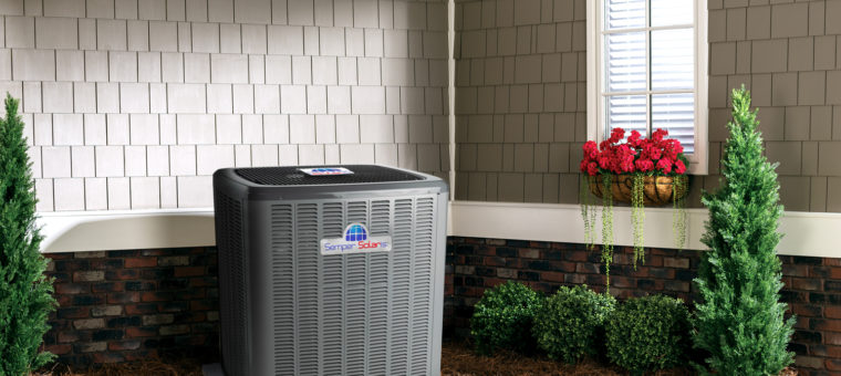 Heating and air conditioning unit installed outside a home.