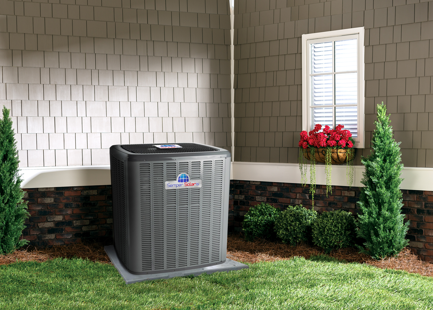 Heating and air conditioning unit installed outside a home.