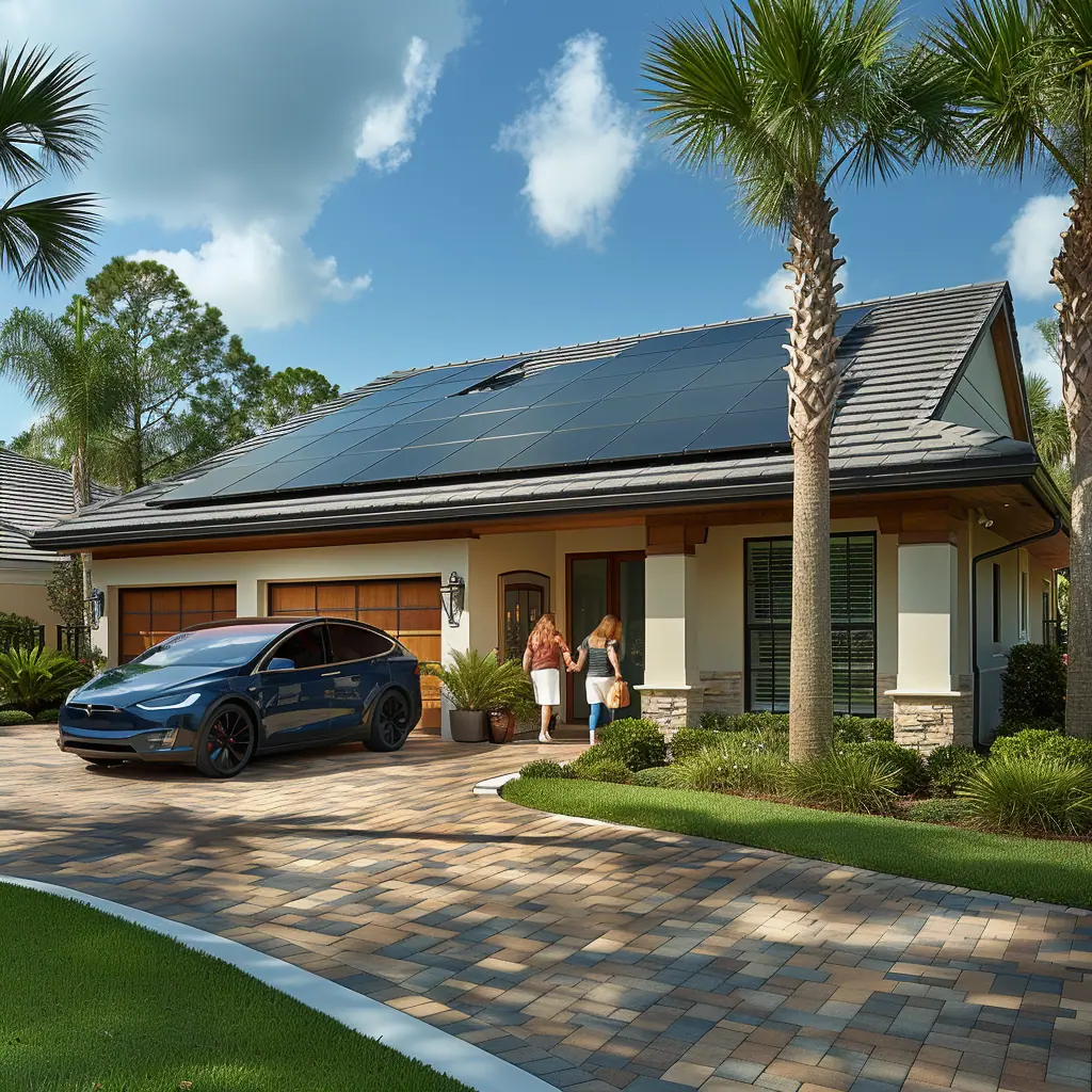 Tesla car parked in front of residential home with high performing solar panels installed