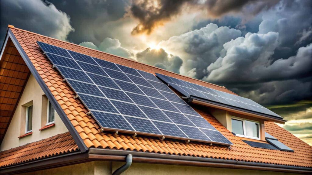 Solar panels generating electricity on a cloudy day